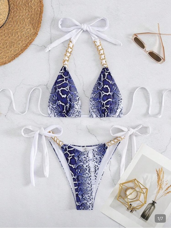 SHEIN Other - SHEIN Blue Snake-Print Tie-Side Bikini with Gold Chain Straps